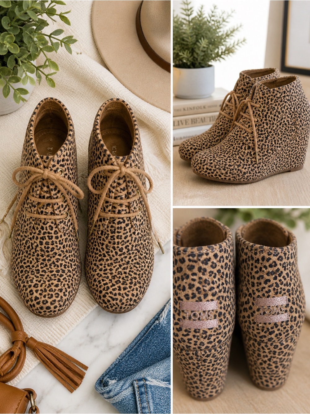 TOMS Gwen Leopard Print Wedge Ankle Boots 6.5‎ | Cheetah Suede Boho Chic NWOT